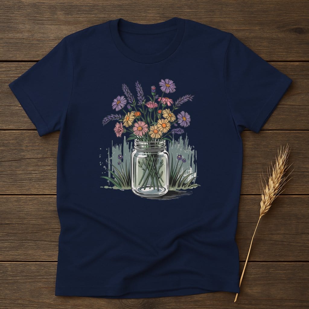 Vibrant Flower Bouquet in Jar Printed Navy Blue T-Shirt product type