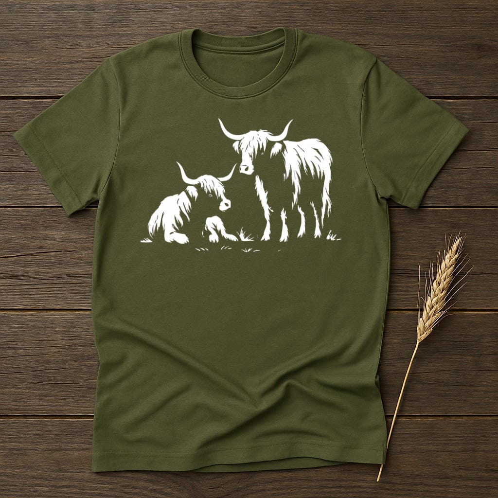 Highland Cows Illustration on Green Graphic T-Shirt Product