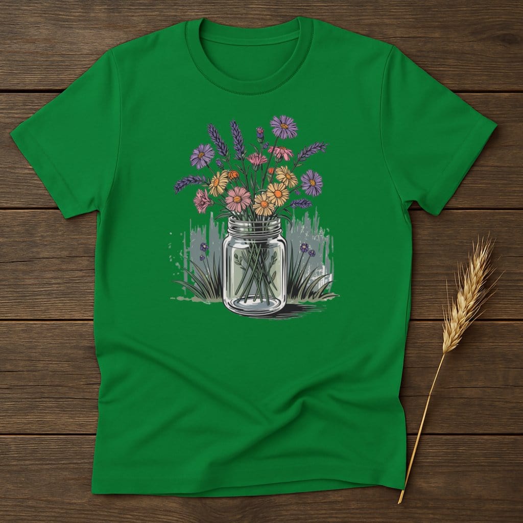 Green T-Shirt with Colorful Floral Jar Graphic product type