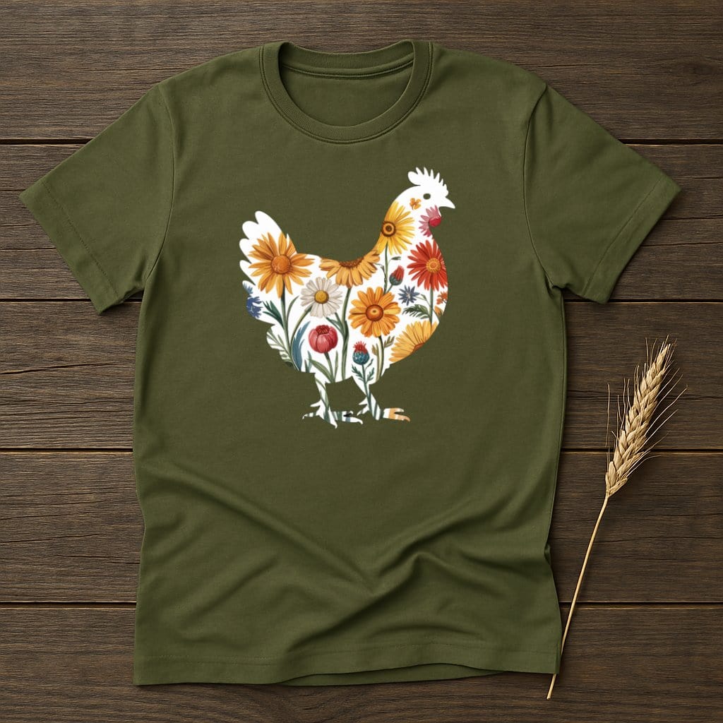 Floral Chicken Design Olive Green T-Shirt product