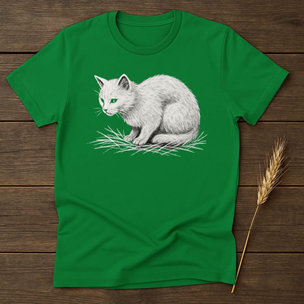 White Cat Illustration on Green T-shirt product type