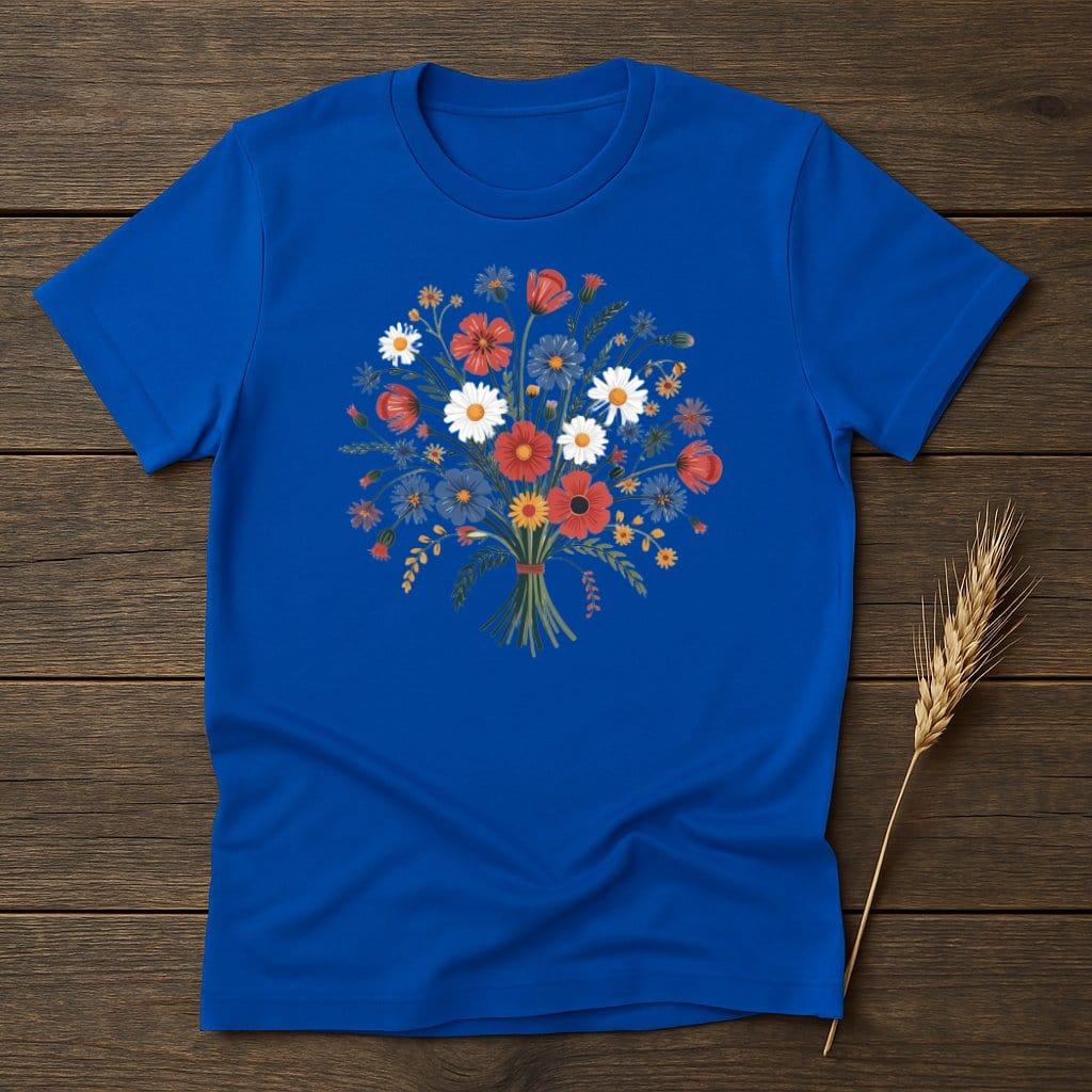 Vibrant Floral Bouquet Design on Blue T-shirt product