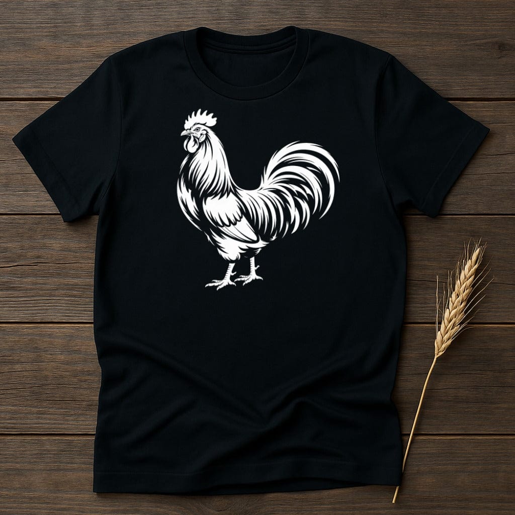 Black T-Shirt with White Rooster Graphic Design product type