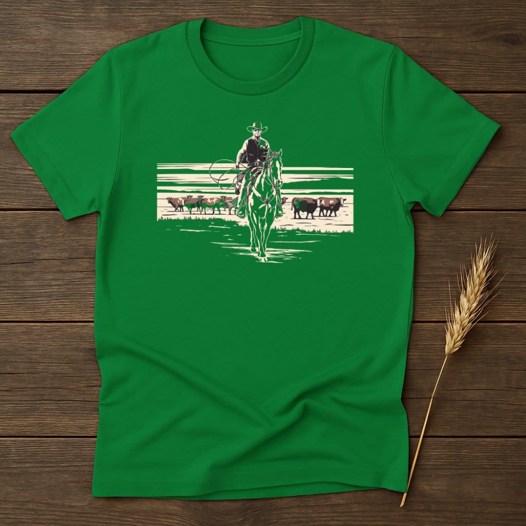 My Designs Physical Item S / Irish Green Cowboy on Horse Riding Through Cattle T-Shirts