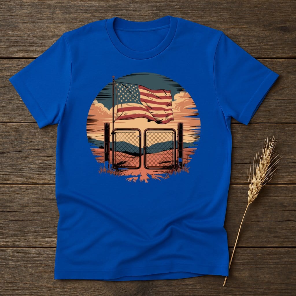 MyDesigns Physical Item S / Royal American Flag Over Fence T-Shirt