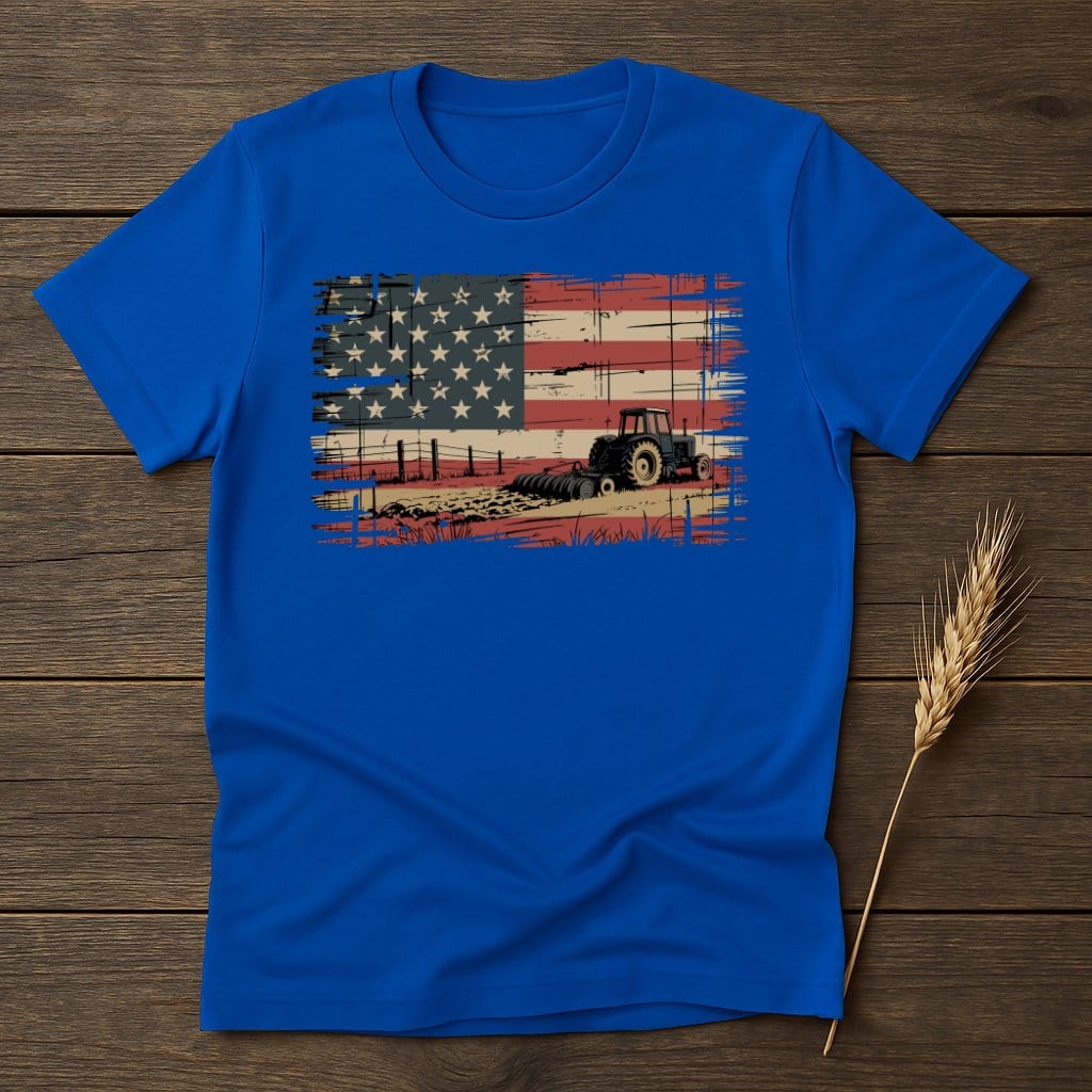 MyDesigns Physical Item S / Royal American Flag Tractor Farm T-Shirt