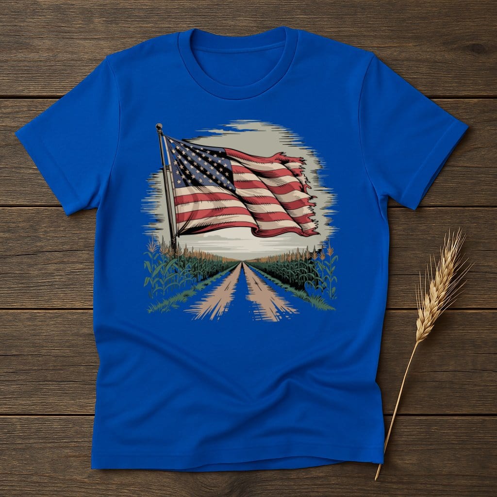 MyDesigns Physical Item S / Royal American Flag Waving Over a Field T-Shirt