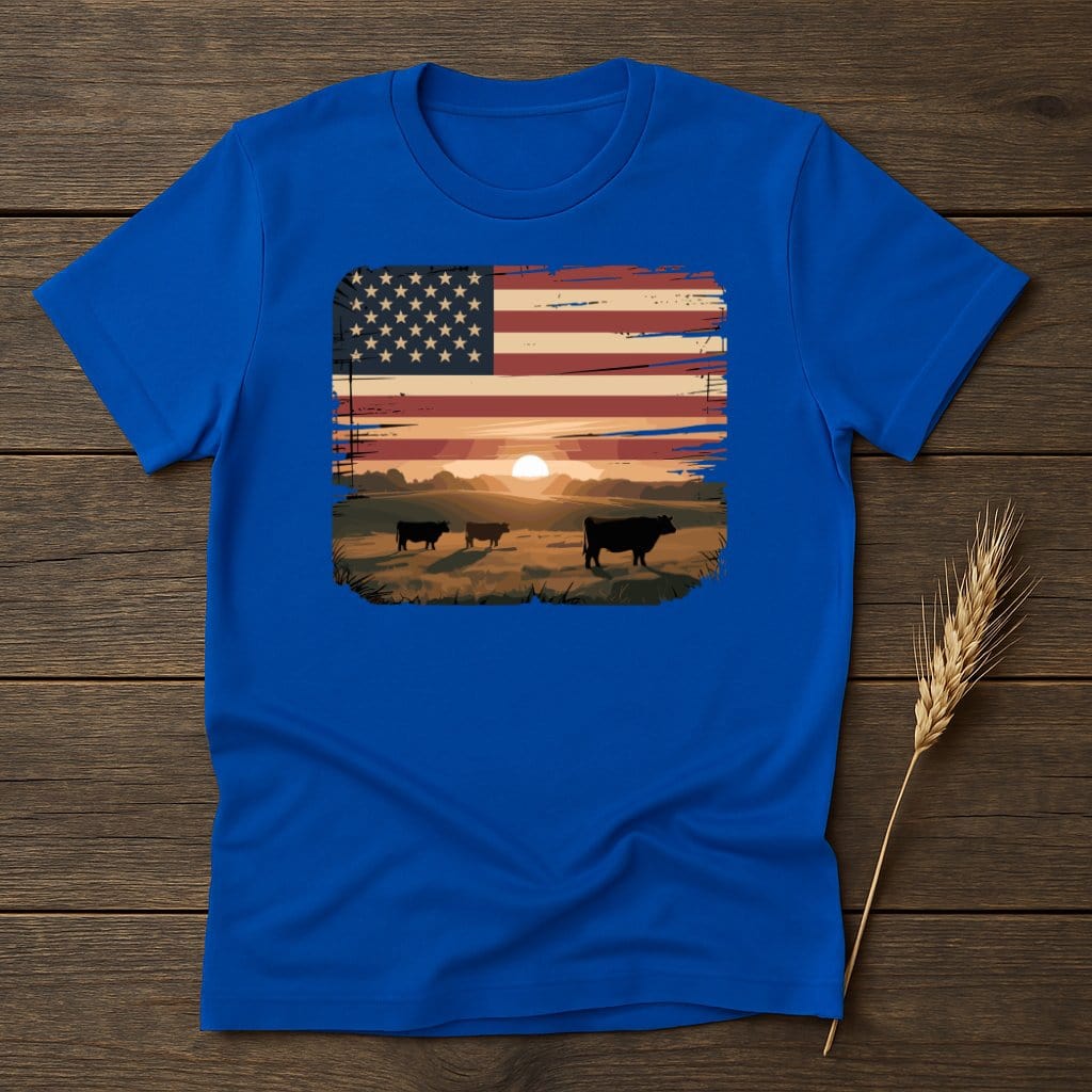 MyDesigns Physical Item S / Royal American Flag With Cows Sunset T-Shirt