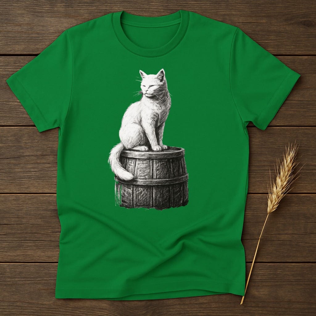 MyDesigns Silhouette Shirt S / Irish Green White Cat Atop Wooden Barrel T-Shirt