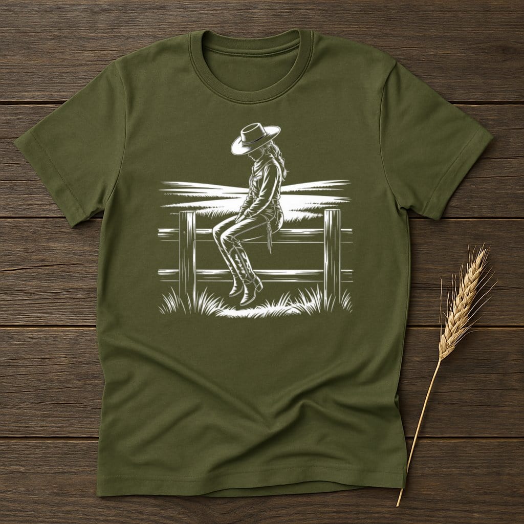 MyDesigns Silhouette Shirt S / Military Green Cowgirl On A Fence T-Shirts