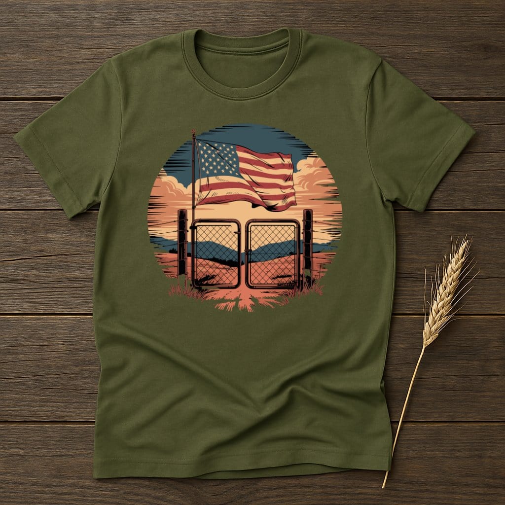 American Flag Waves Near Fence Graphic T-shirt product type