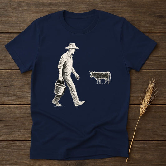 Retro Farmer and Cow Scene on Navy Blue T-Shirt product