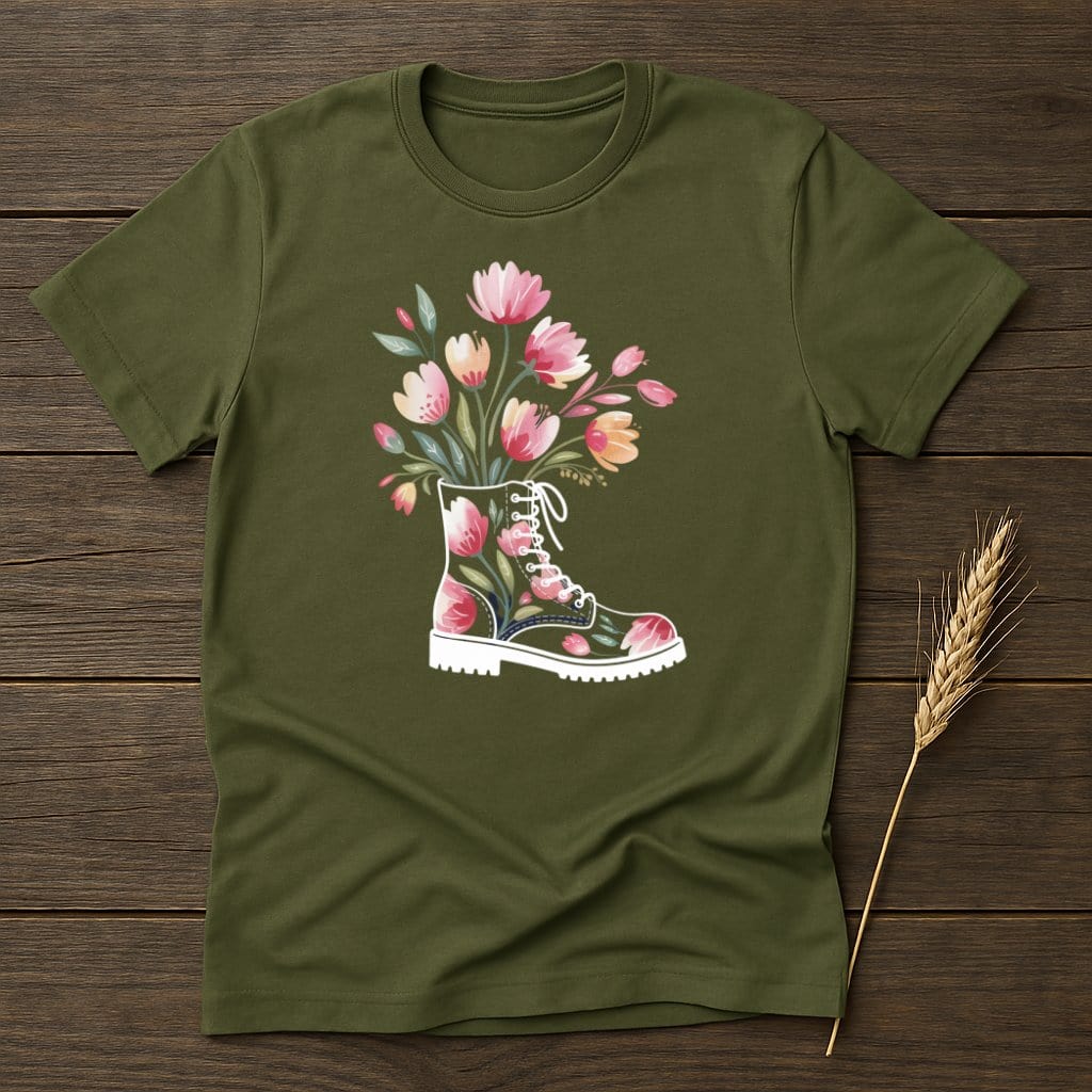 Floral Boot Design on Olive Green Short-Sleeve T-Shirt product