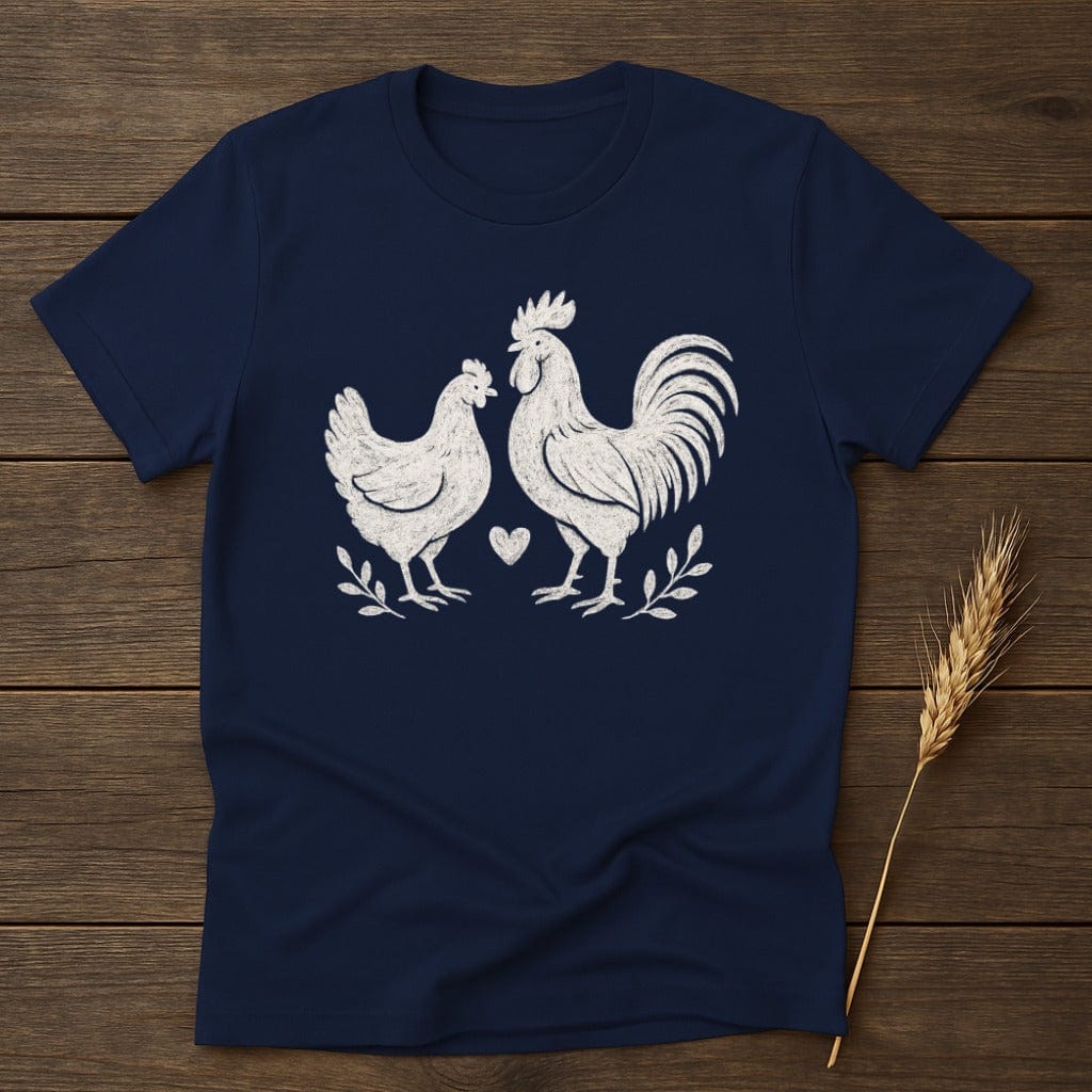 Charming Rooster and Hen Print on Navy Blue T-shirt product