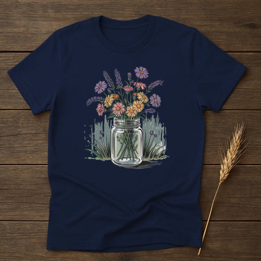 Vibrant Flower Bouquet in Jar Printed Navy Blue T-Shirt product type