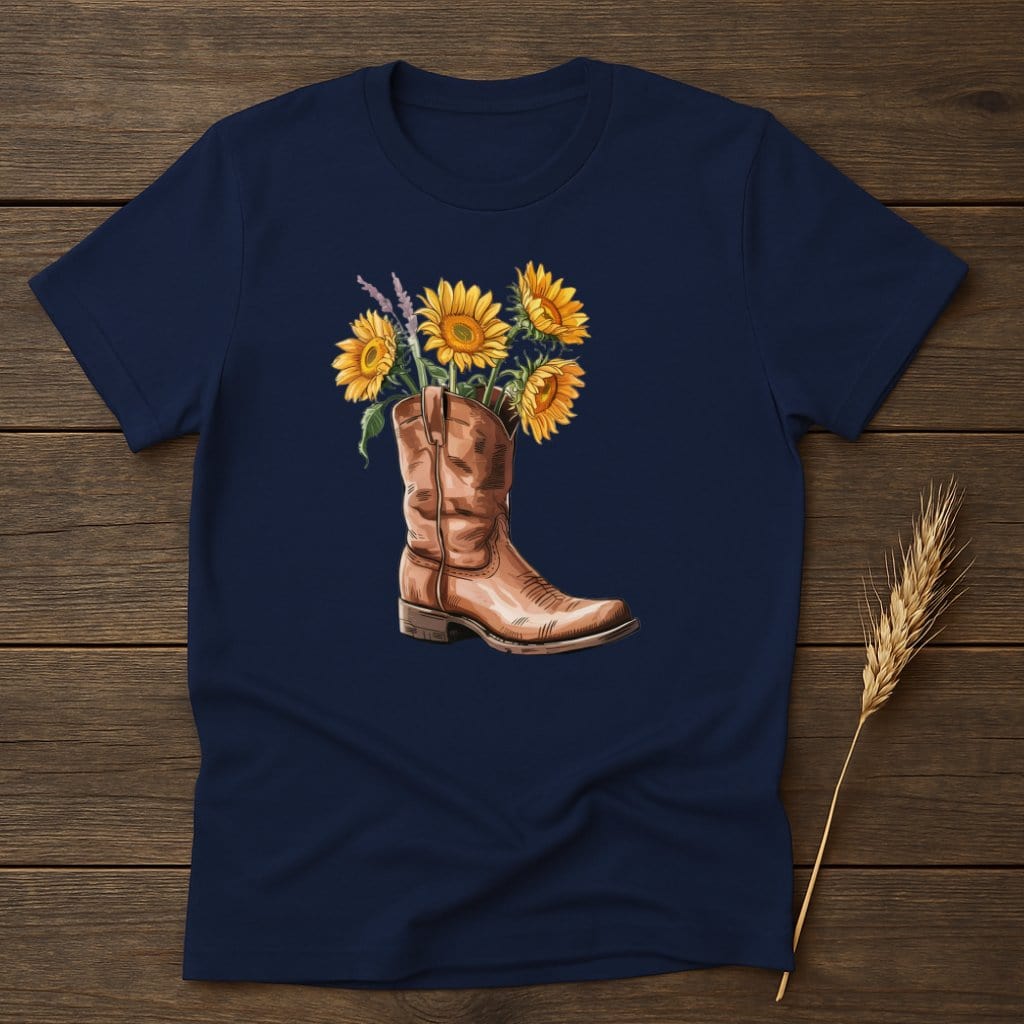 Sunflower Cowboy Boot Graphic on Navy Blue T-shirt product