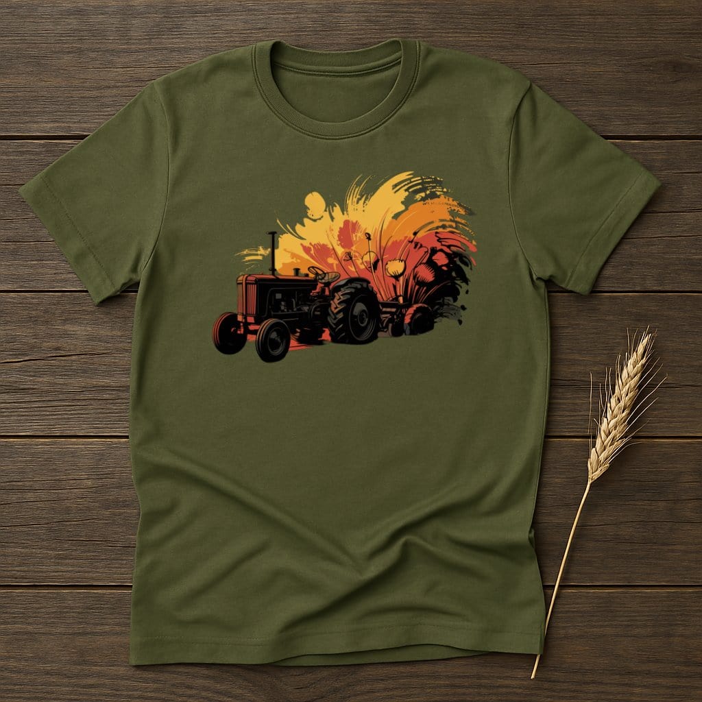 Vintage Tractor Sunset Graphic Olive Green T-Shirt product type