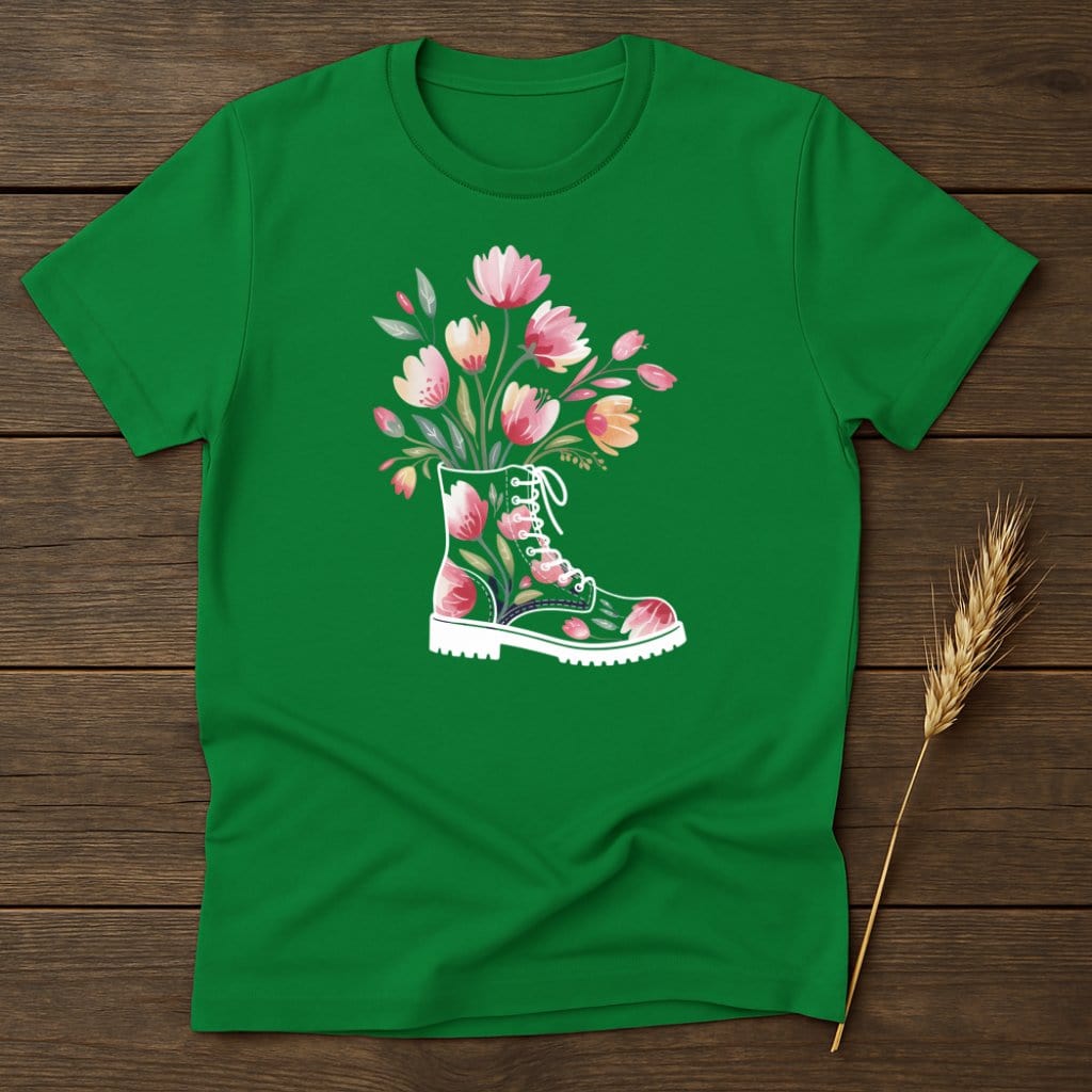 Floral Boot Pattern Graphic on Green T Shirt product type
