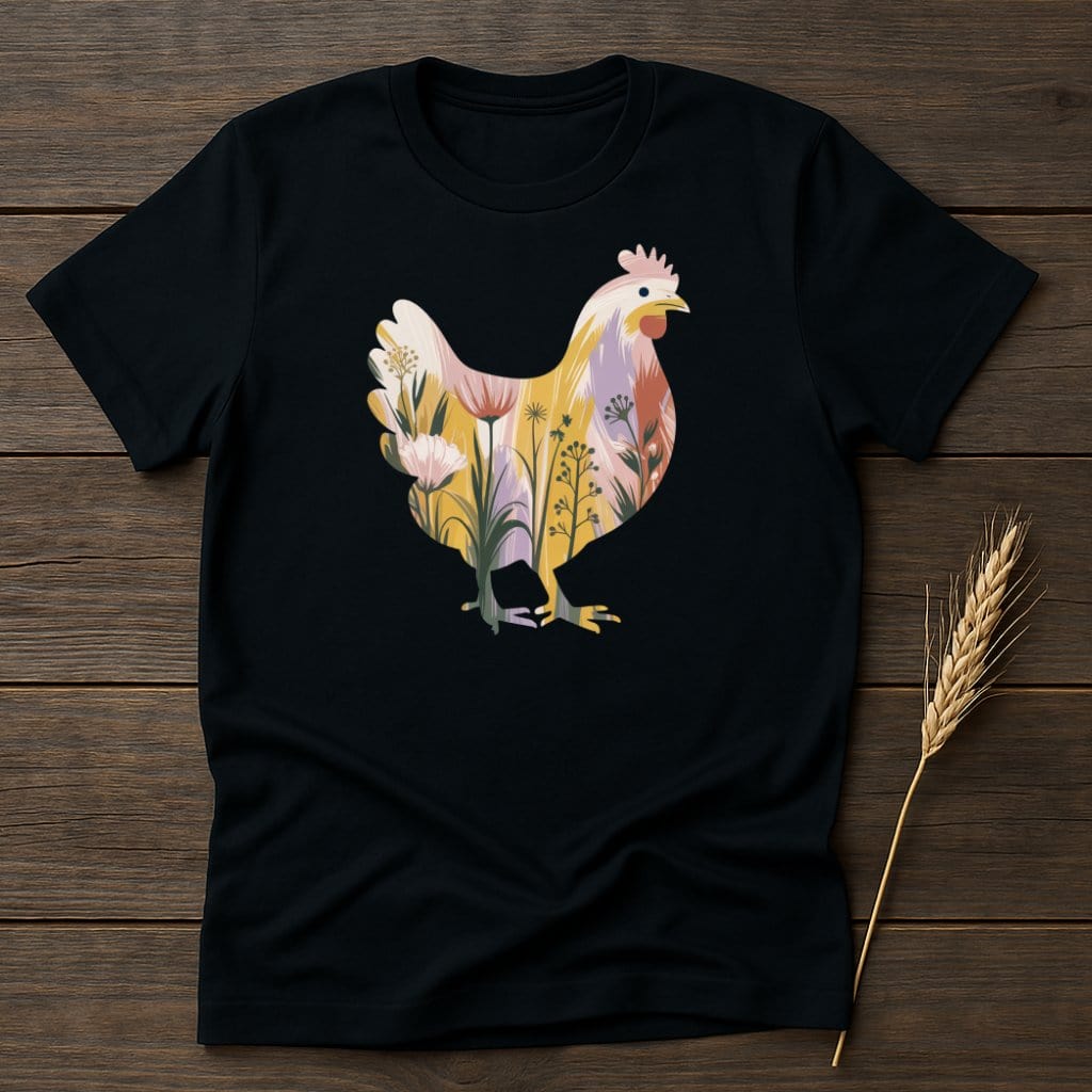 Floral Chicken Design Black Graphic T-Shirt product