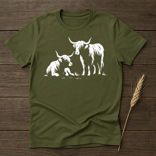 Highland Cows Illustration on Green Graphic T-Shirt Product
