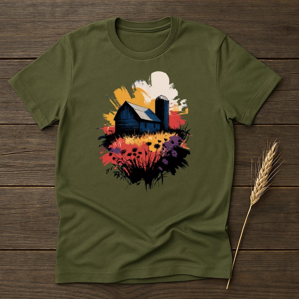 Scenic Barn and Colorful Flowers Graphic T-shirt product type