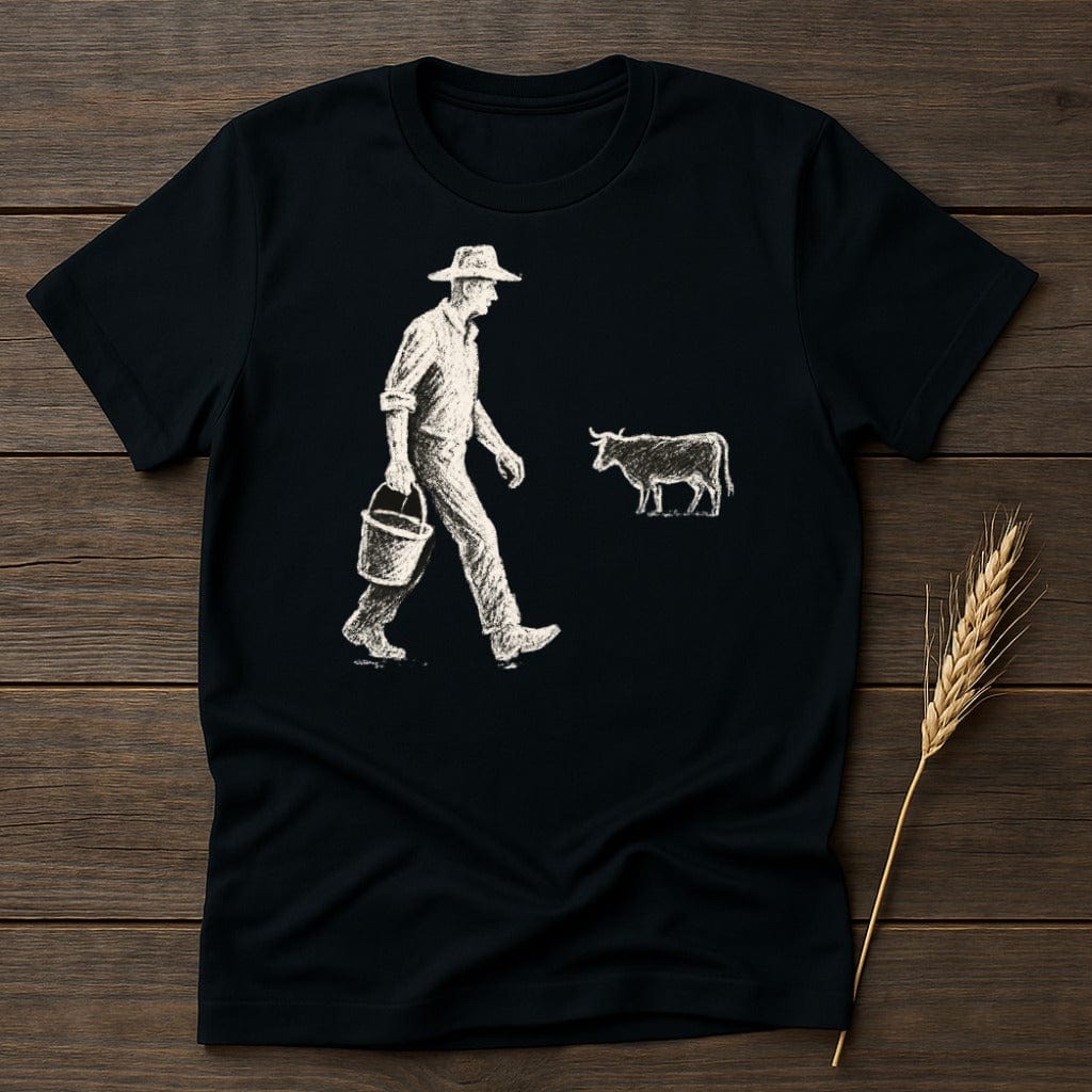 Farmer and Cow Walking Illustration T-Shirt Product