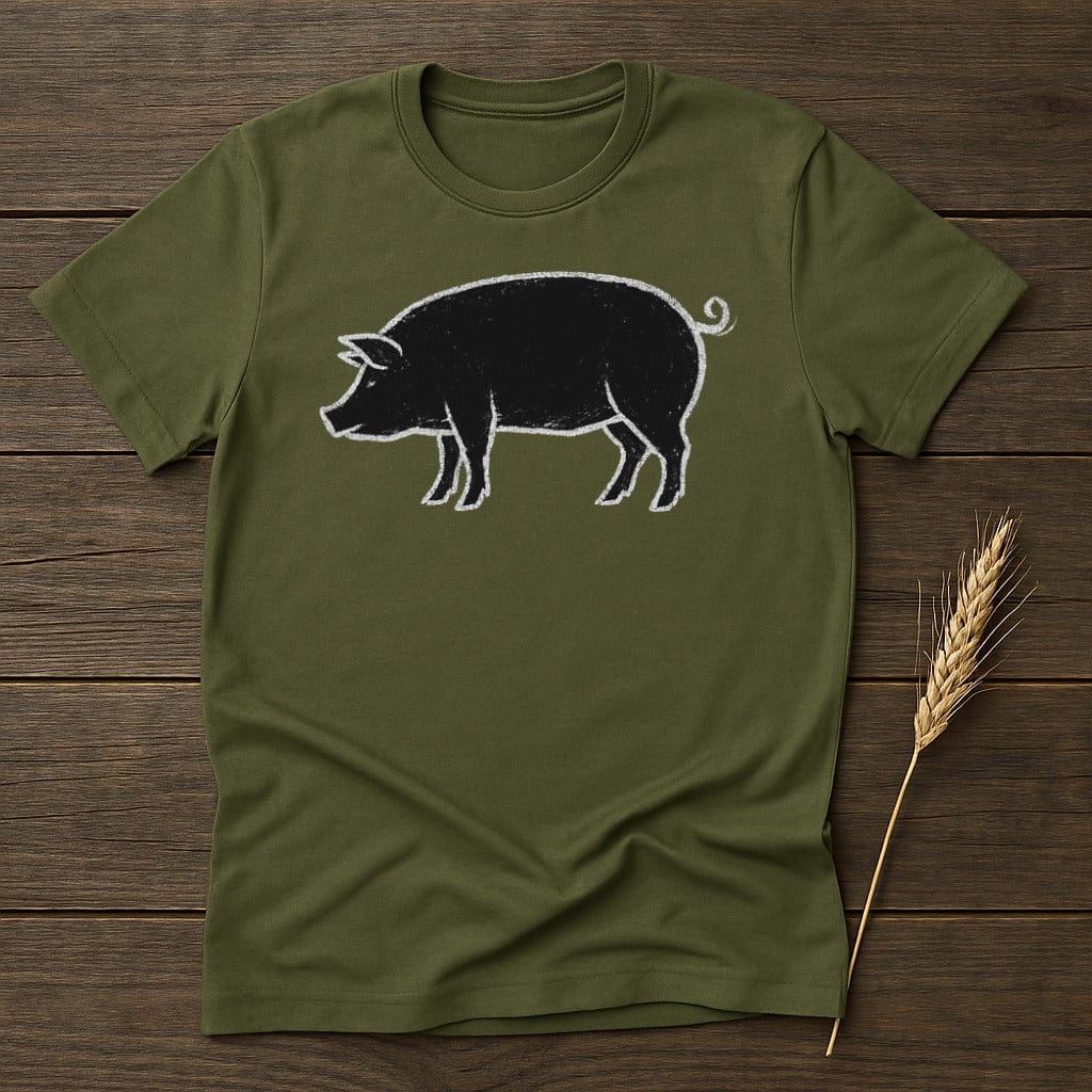 Cute Black Pig Design on Olive Green T-Shirt product type