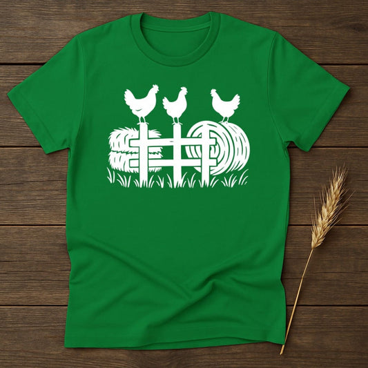 Green T-shirt with Chickens on Fence Design product type