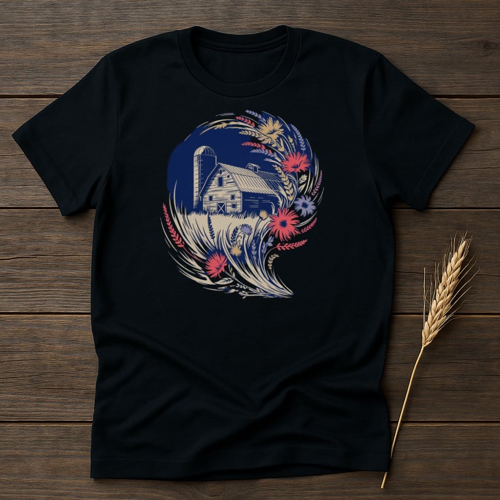 Rustic Farmhouse Scene with Floral Design T-shirt product type