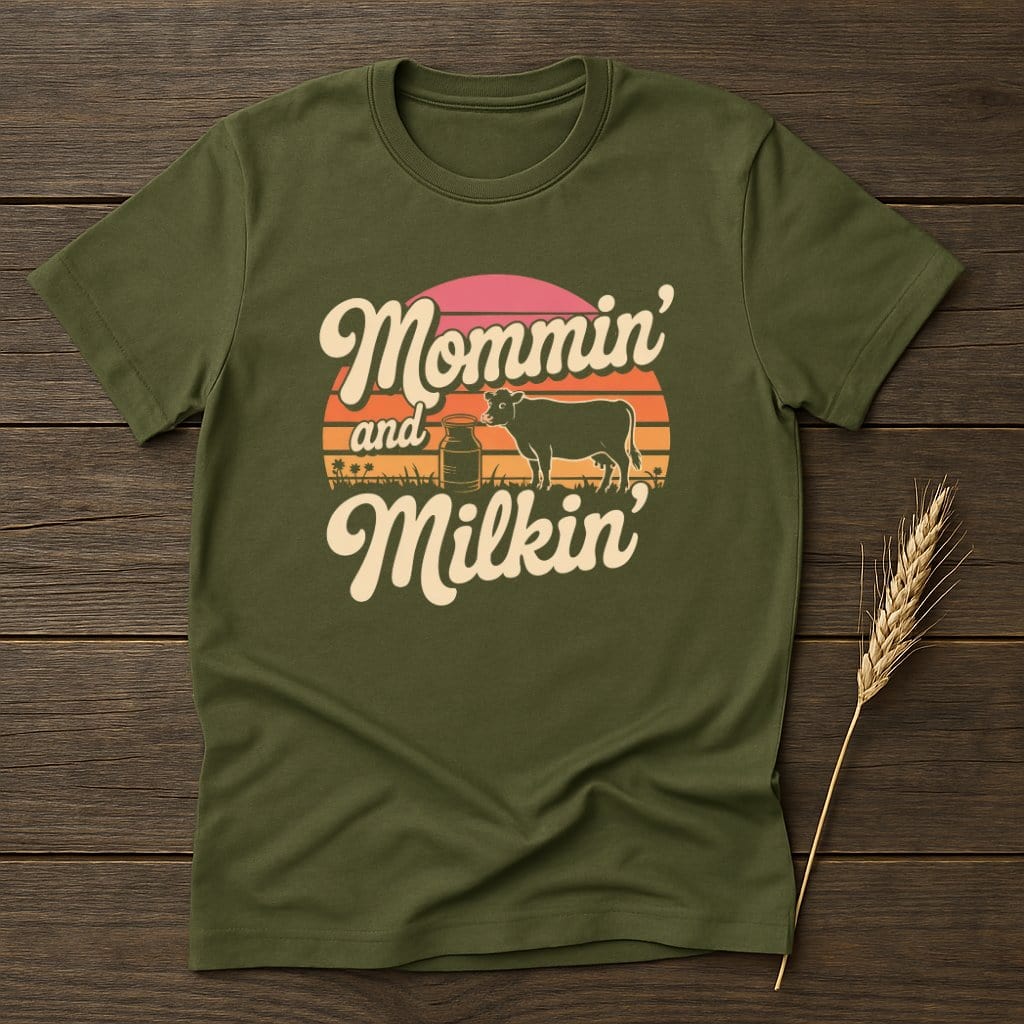 Vintage Style Mommin' and Milkin' graphic t-shirt product type