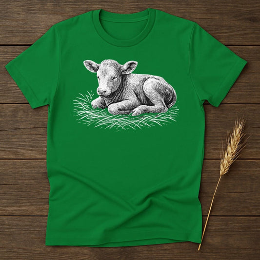 Green T-shirt featuring a calf laying on grass product type