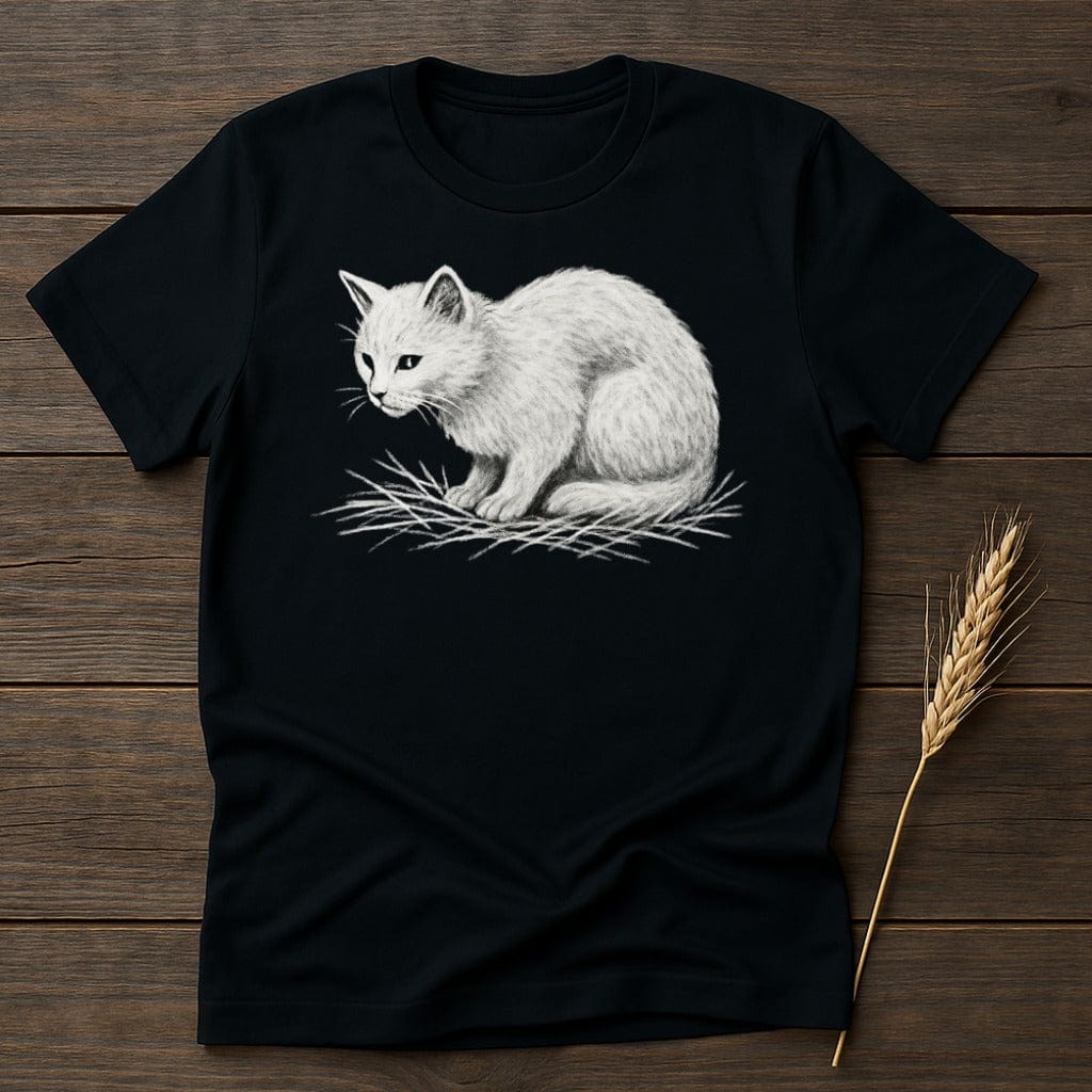 Cute White Kitten Illustration on Black T-Shirt product