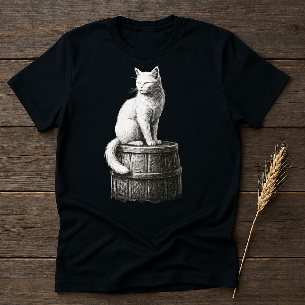 White Cat Sitting on Wooden Barrel T-shirt product type