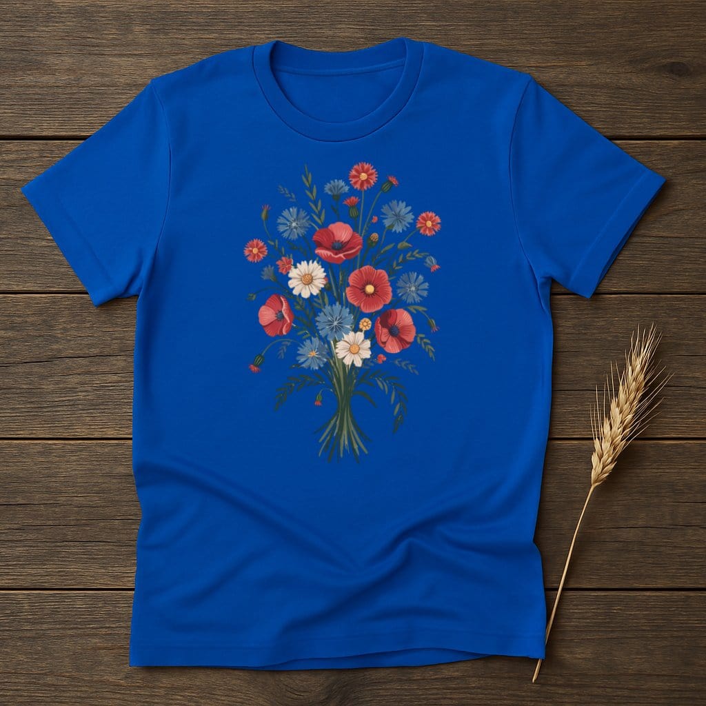 Vibrant Floral Bouquet Design on Blue T-Shirt product