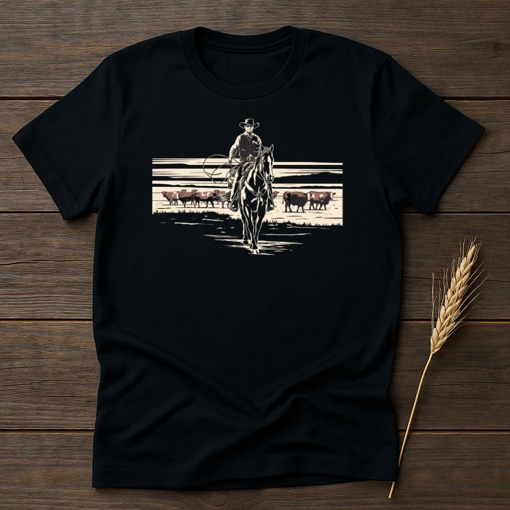 My Designs Physical Item S / Black Cowboy on Horse Riding Through Cattle T-Shirts