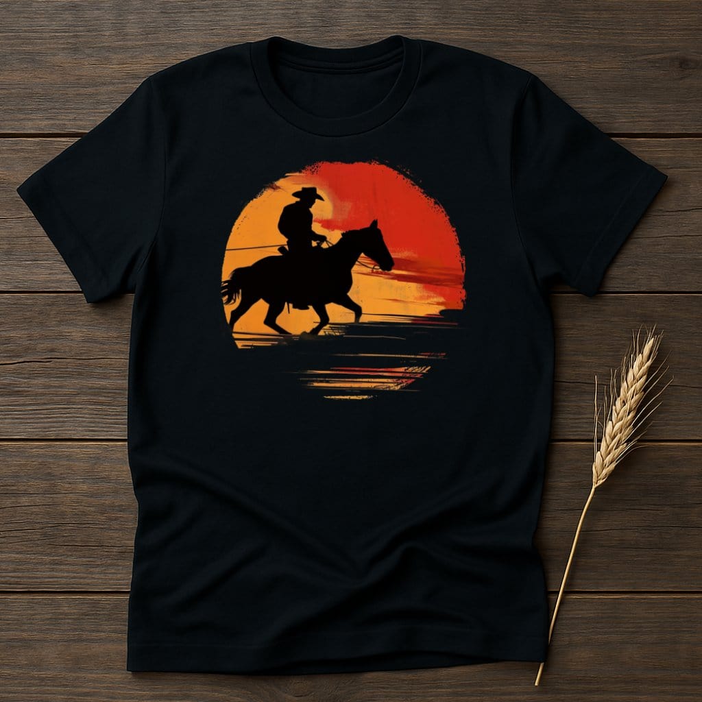 My Designs Physical Item S / Black Cowboy Riding Horse Sunset Graphic T-Shirts