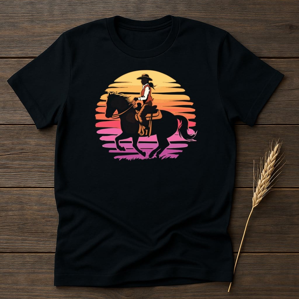 My Designs Physical Item S / Black Sunset Cowgirl Riding Horse Graphic T-Shirts