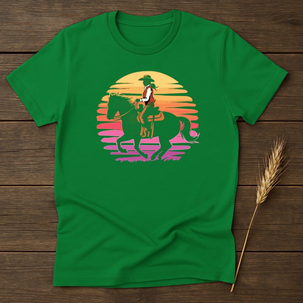 My Designs Physical Item S / Irish Green Sunset Cowgirl Riding Horse Graphic T-Shirts