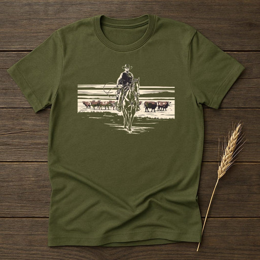 My Designs Physical Item S / Military Green Cowboy on Horse Riding Through Cattle T-Shirts