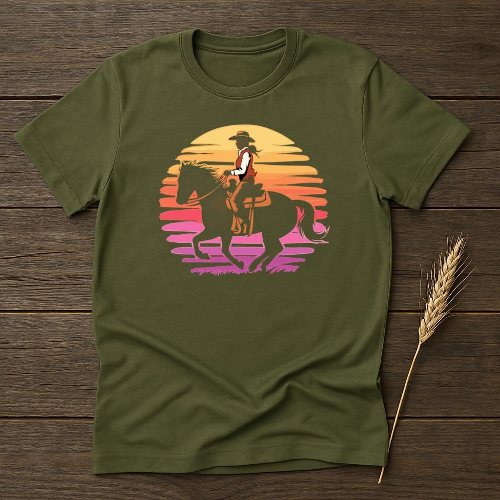 My Designs Physical Item S / Military Green Sunset Cowgirl Riding Horse Graphic T-Shirts
