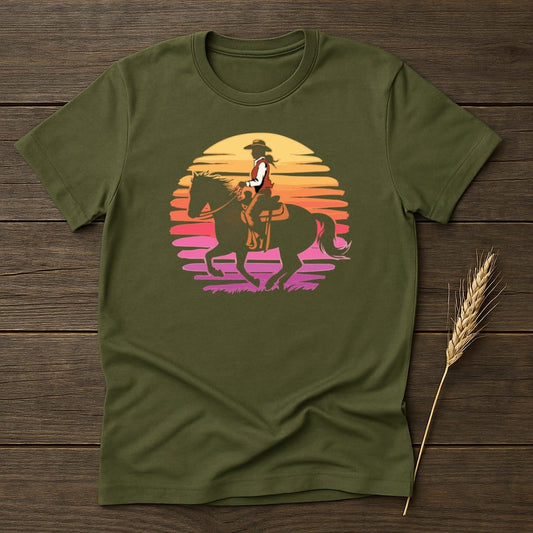 My Designs Physical Item S / Military Green Sunset Cowgirl Riding Horse Graphic T-Shirts