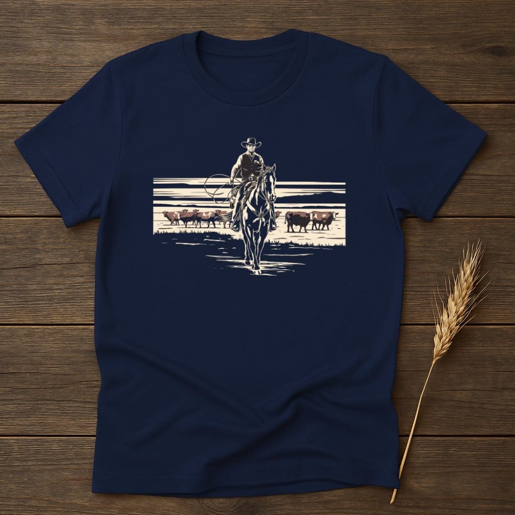 My Designs Physical Item S / Navy Cowboy on Horse Riding Through Cattle T-Shirts