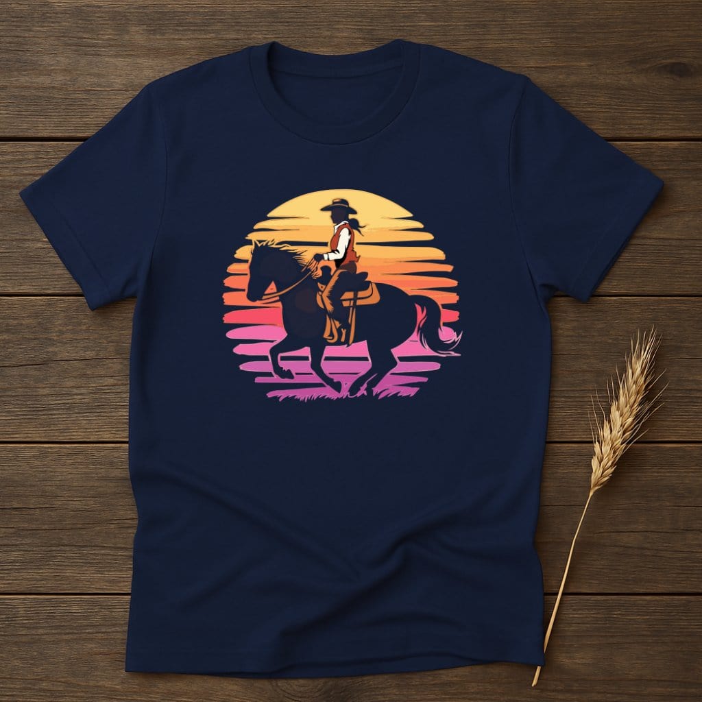 My Designs Physical Item S / Navy Sunset Cowgirl Riding Horse Graphic T-Shirts