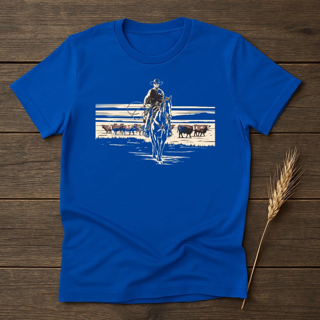 My Designs Physical Item S / Royal Cowboy on Horse Riding Through Cattle T-Shirts