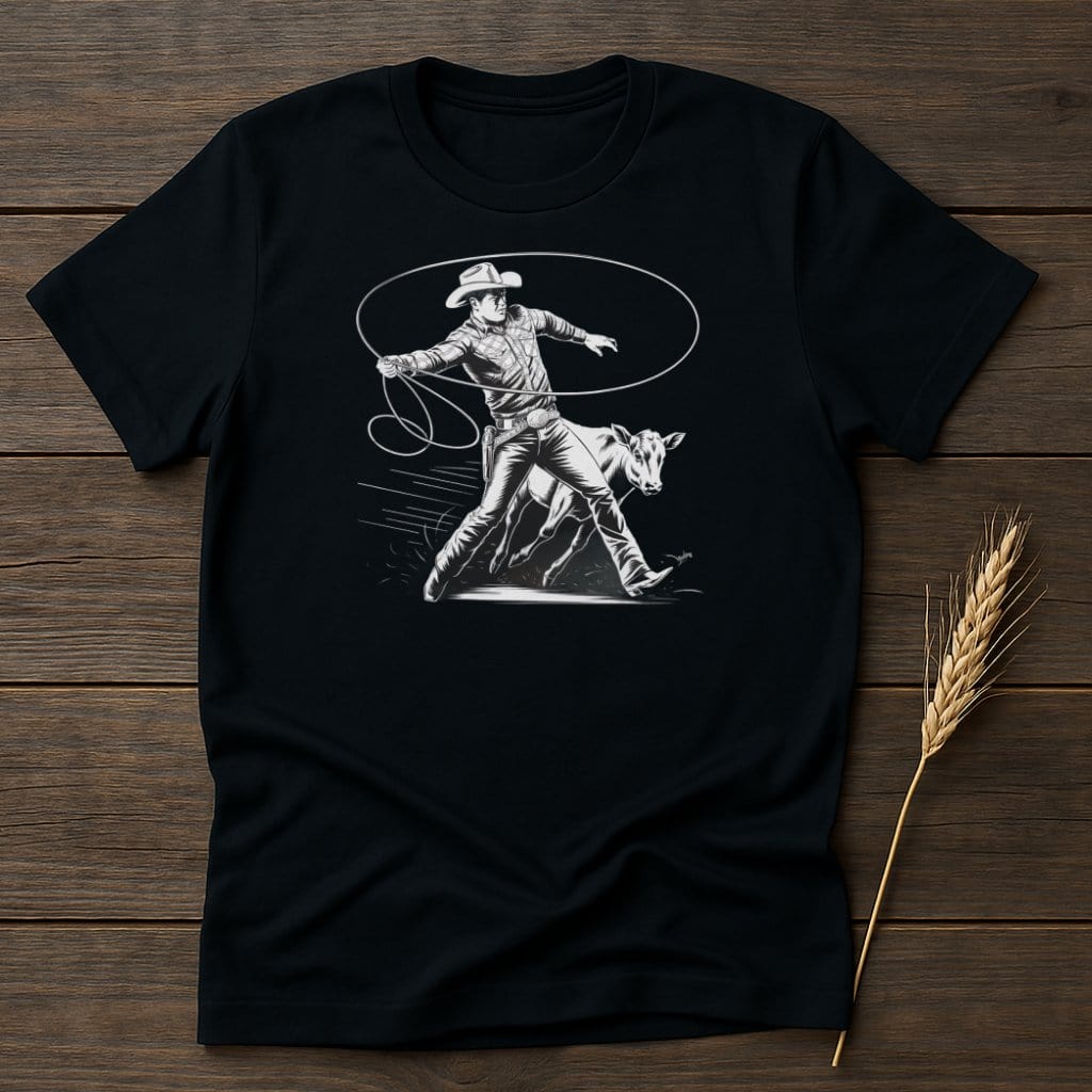 My Designs Silhouette Shirt S / Black Cowboy Lassoing a Calf Western Art T-Shirts