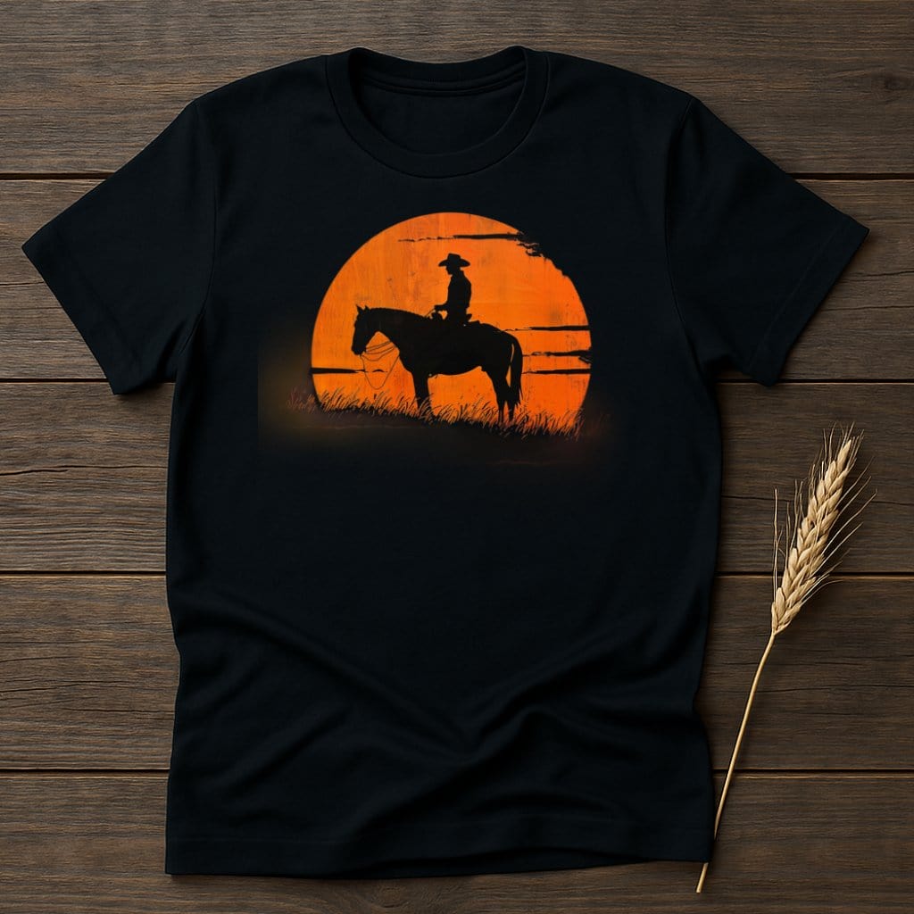 My Designs Silhouette Shirt S / Black Cowboy Riding Horse Silhouette Sunset Art T-Shirts