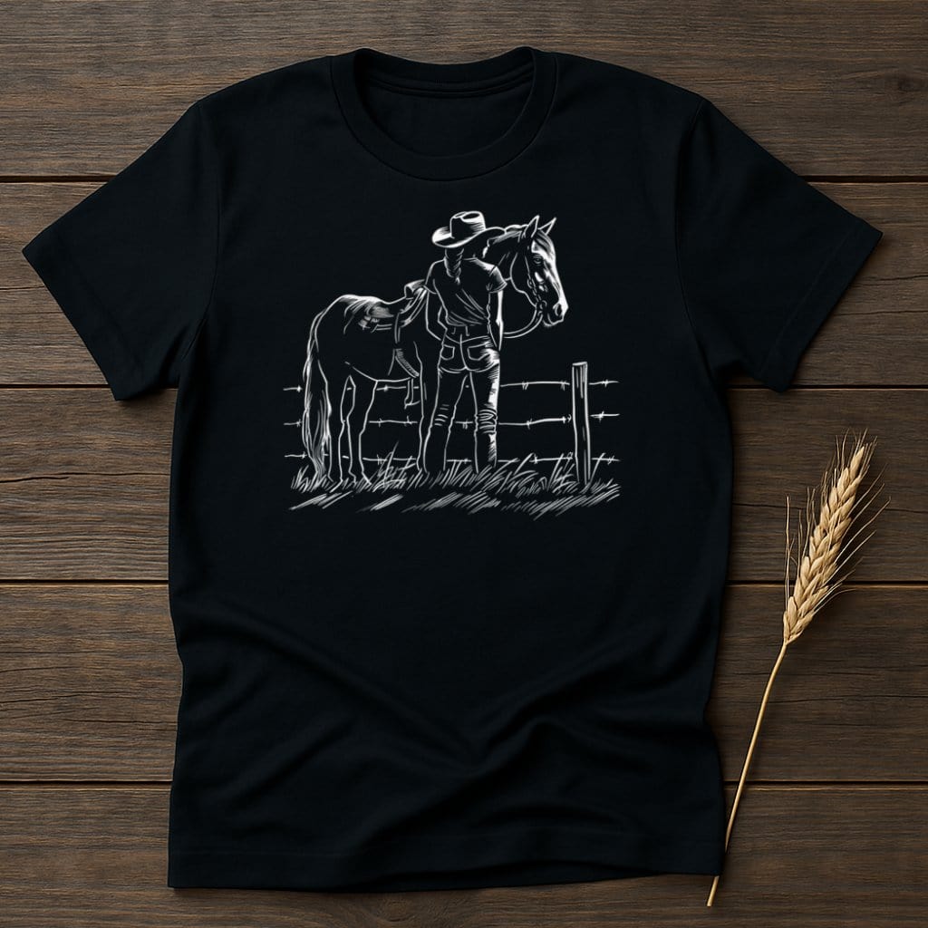 My Designs Silhouette Shirt S / Black Cowgirl with Horse Standing Near Fence T-Shirts