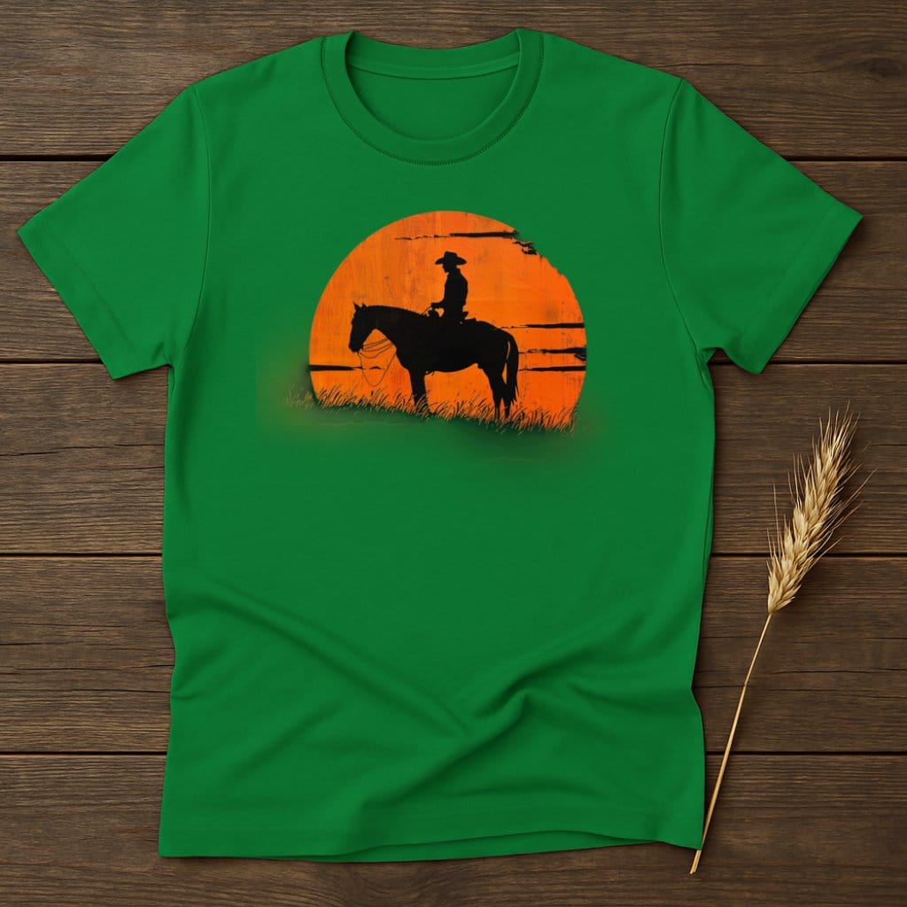 My Designs Silhouette Shirt S / Irish Green Cowboy Riding Horse Silhouette Sunset Art T-Shirts