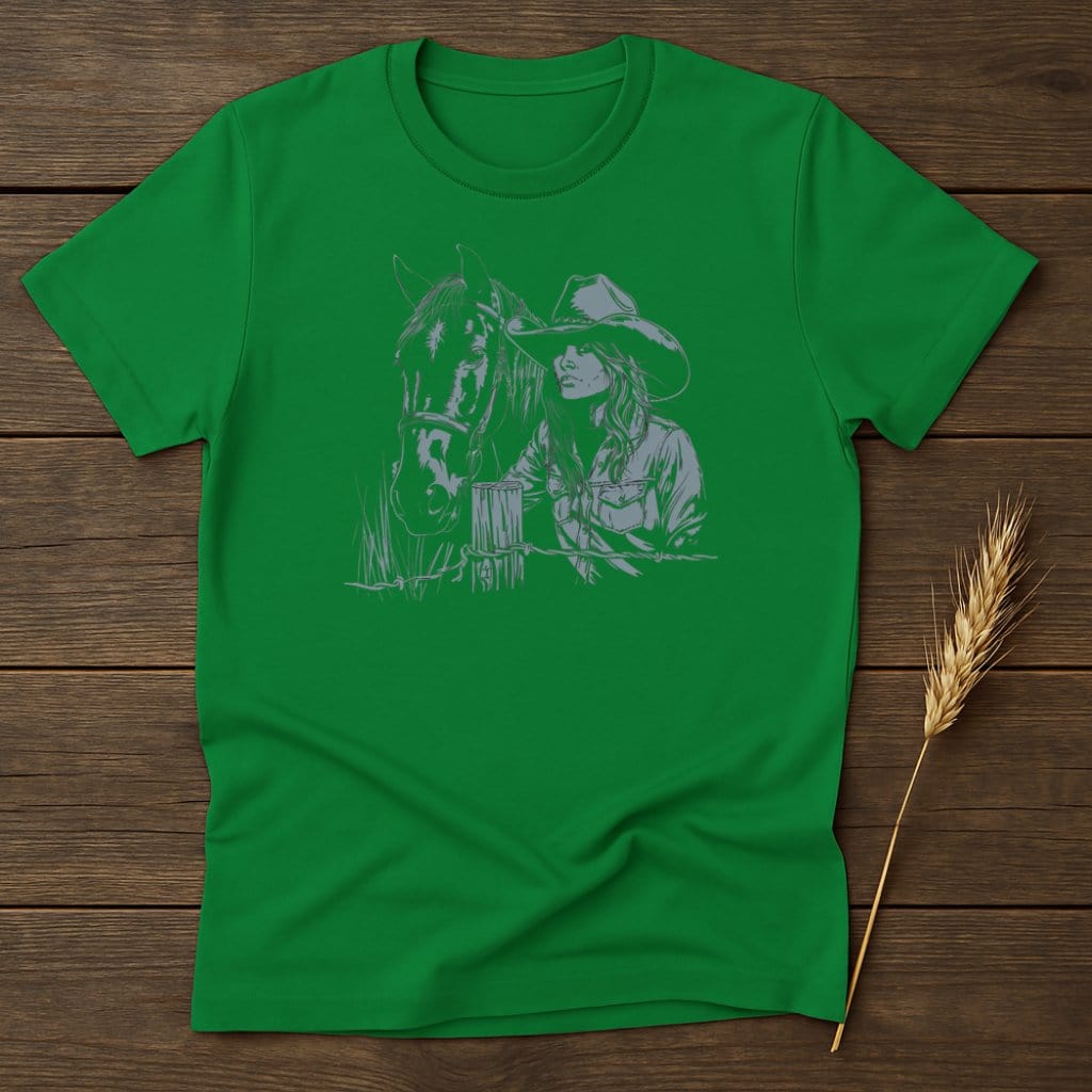 My Designs Silhouette Shirt S / Irish Green Cowgirl and Horse Graphic Art Design T-Shirts