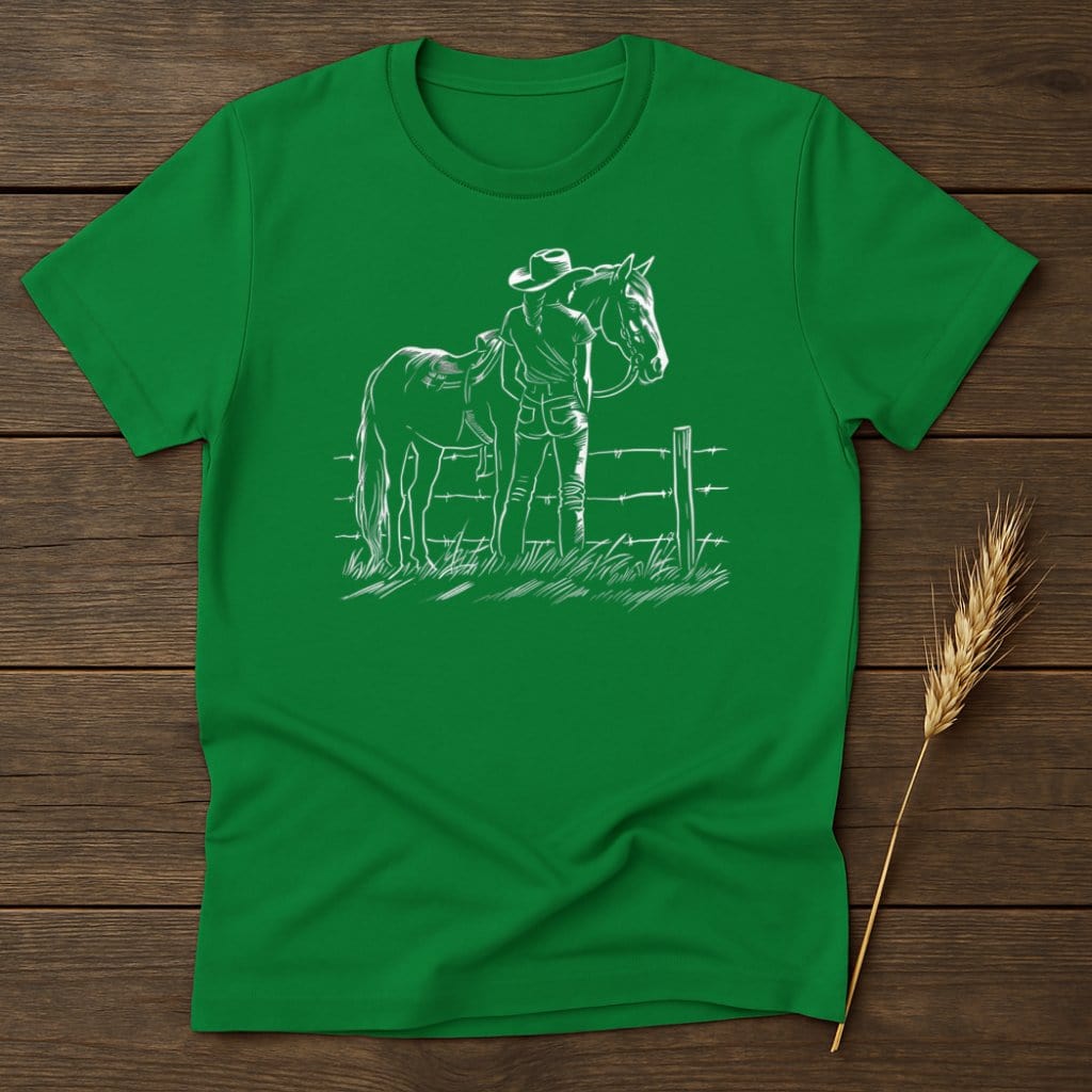 My Designs Silhouette Shirt S / Irish Green Cowgirl with Horse Standing Near Fence T-Shirts